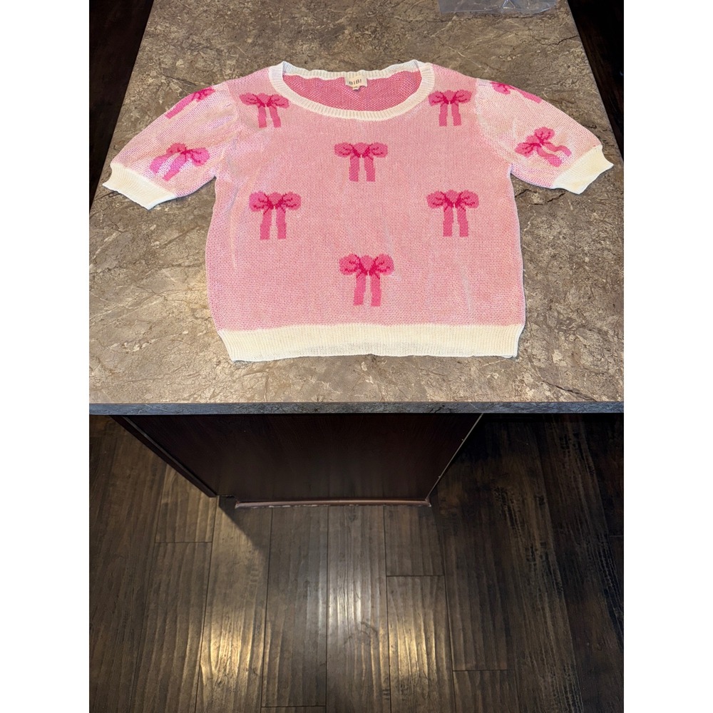BIB XL Pink Bow Knit Sweater Short Sleeve Crew Neck Women